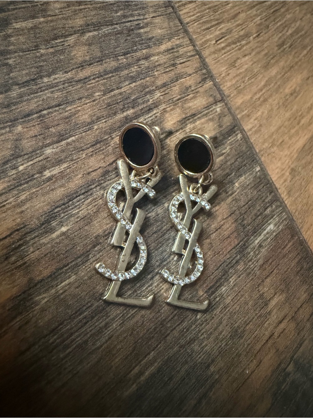 YSL Gold-Tone Logo Drop Earrings with Black Accents